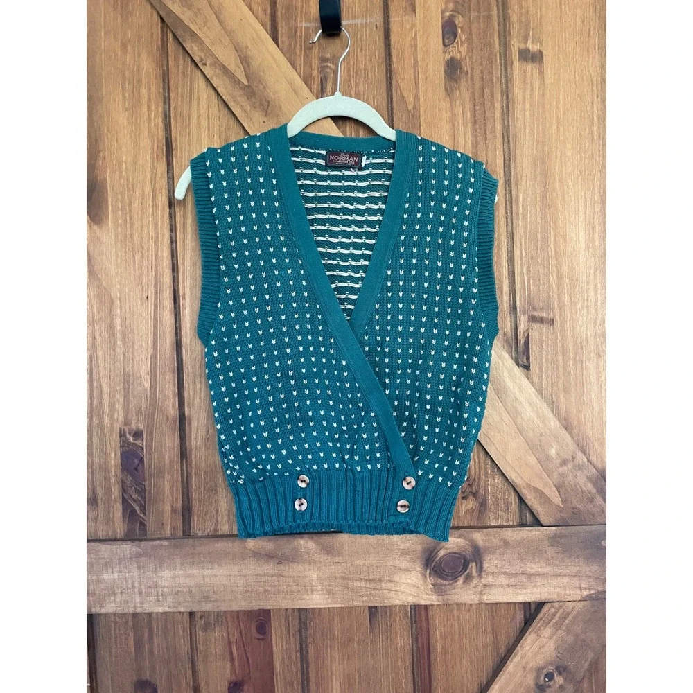 Vintage Lady Norman V-Neck Wrap Style Button-Front Knit Sweater Vest Made in USA